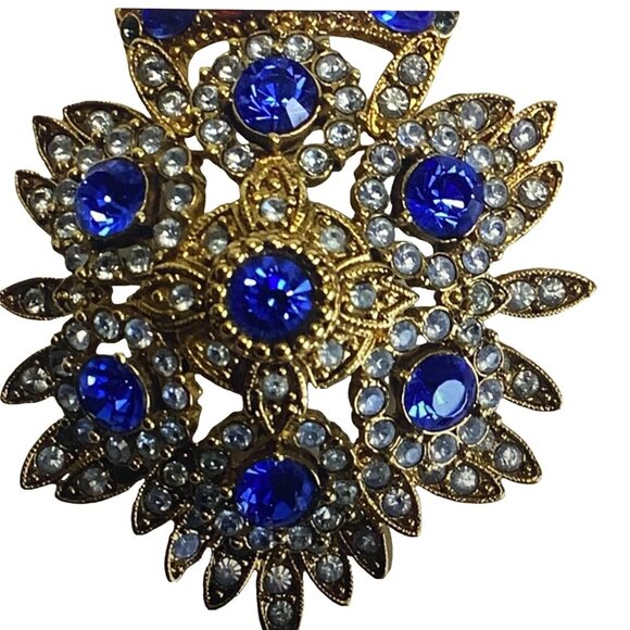 JOAN RIVERS Vintage Royal Monarch Maltese Cross Gold Blue Red Brooch Signed - Picture 4 of 15